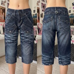 Y2K Back Number Japanese Denim Buckle Back Capri Jeans Gyaru Dark Wash Grunge